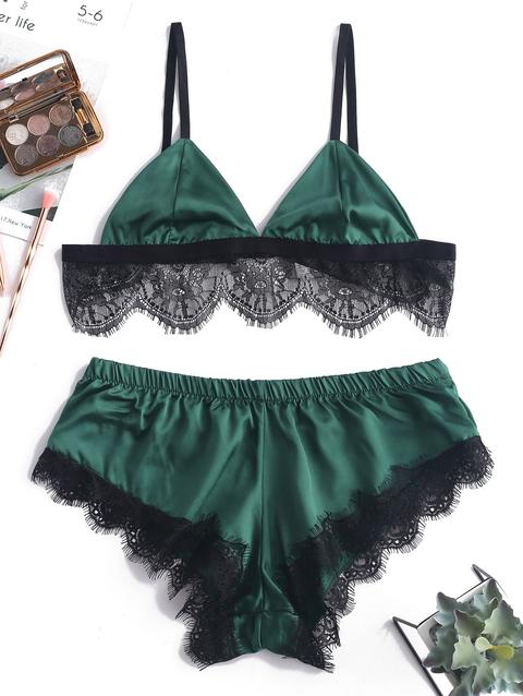 Set Reggiseno E Slip In Raso Con Rifiniture In Pizzo Greenish Blue Red Wine