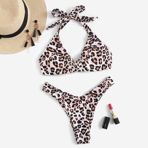 Bikini Halter De Leopardo Cortado Alto