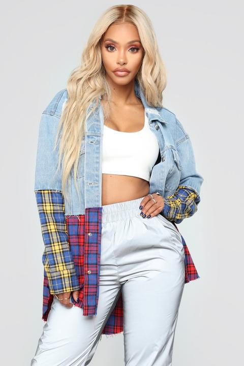 Plaid Craze Denim Jacket - Light Wash