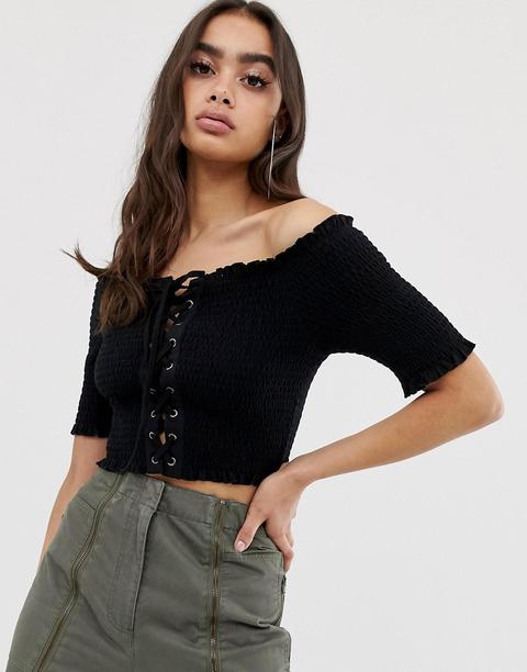 Asos Design - Top Con Scollo Alla Bardot Arricciato E Laccetti Con Occhielli - Nero