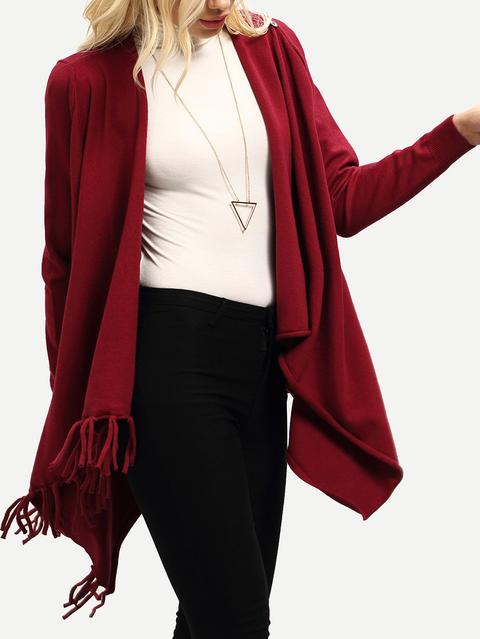 Burgundy Cowl Neck Wrap Front Fringe Sweater