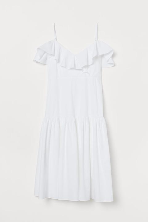 Vestido De Algodón Con Volante - Blanco