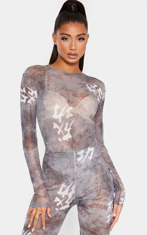 Grey Oriental Mesh Long Sleeve Bodysuit