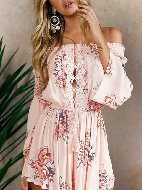 Shirring Off Shoulder Lacy Floral Print Romper - Pink