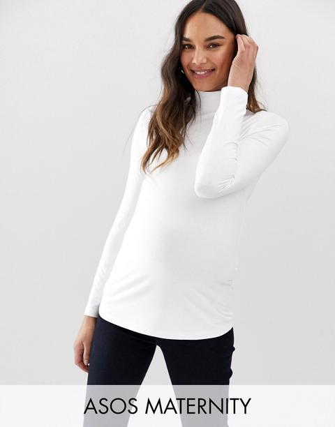 Asos Design - Top Maternity A Collo Alto Bianco A Maniche Lunghe - Bianco