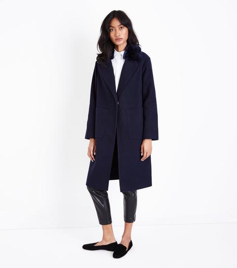 Navy Faux Fur Collar Longline Coat