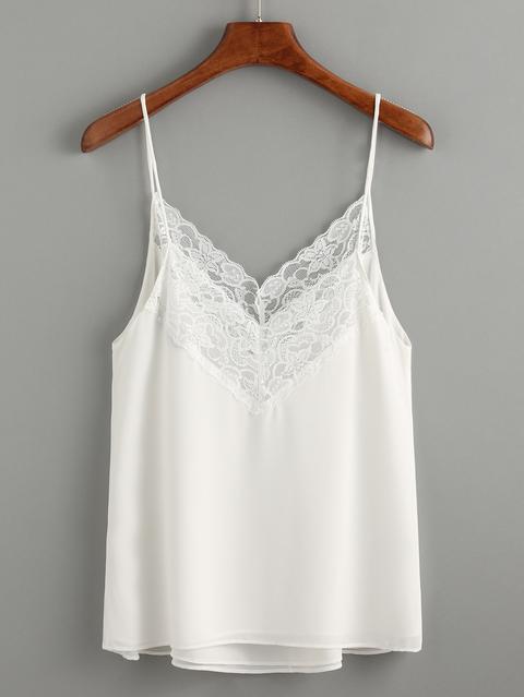 Cami Top Chiffon Rifilato Pizzo - Bianco