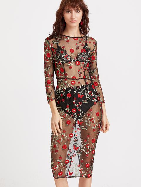 Vestito Matita A Rete Ricamato Fiore Maniche A 3/4 Nero