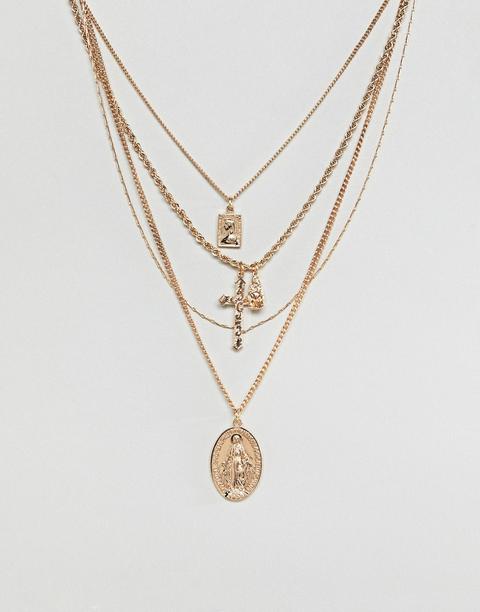 Asos Design Multirow Necklace With Vintage Style Icon And Cross Pendants In Gold - Gold