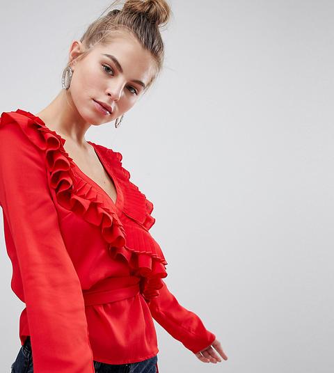 Boohoo - Top Con Allacciatura Laterale E Volant - Rosso