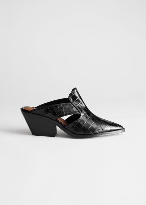 Cuban Heel Patent Croc Mules