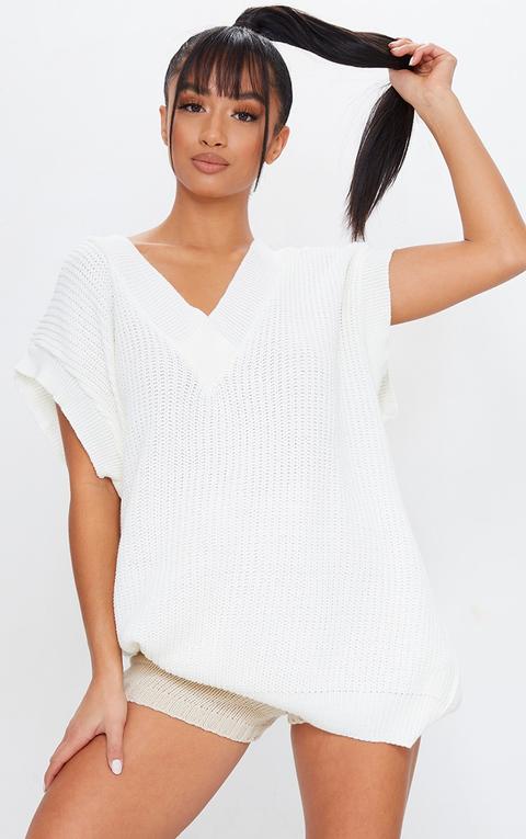 Petite - Pull Sans Manches Crème À Col En V, Crème