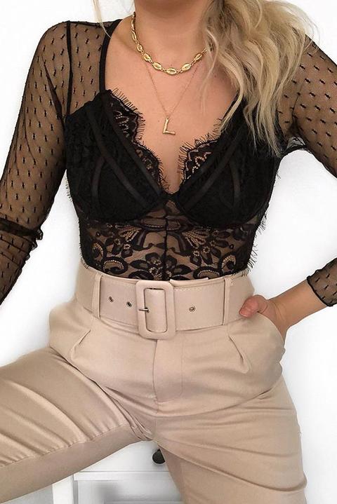 Black Dobby Mesh Low Cut Bodysuit - Tamara - Size 8