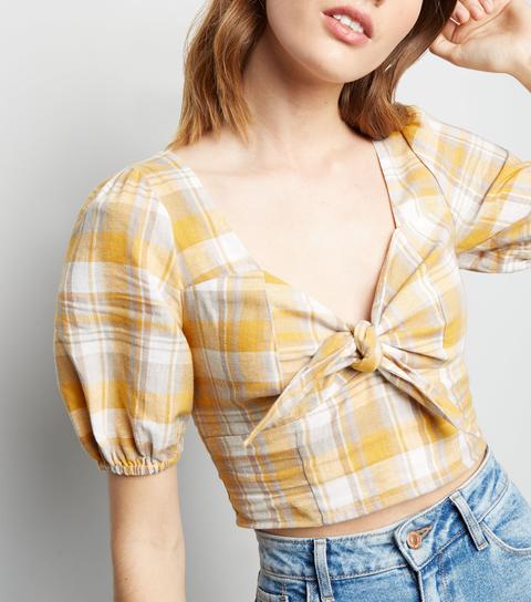 Mustard Check Linen Look Milkmaid Top New Look