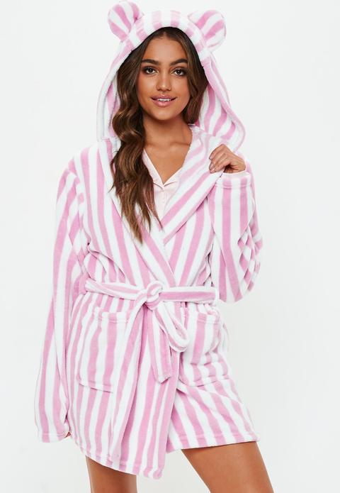 Pink Stripe Fluffy Dressing Gown, Pink