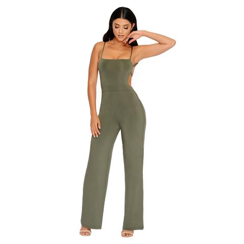Go With The Flow Strappy Wide Leg Jumpsuit In Khaki