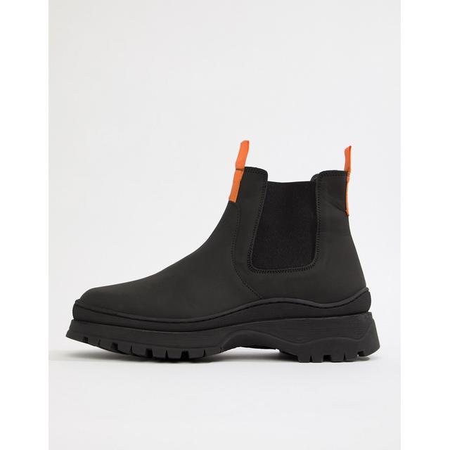 asos design trainer shoes in black leather with chunky sole
