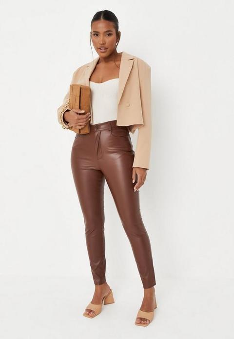 Chocolate Faux Leather Slim Leg Trousers, Brown