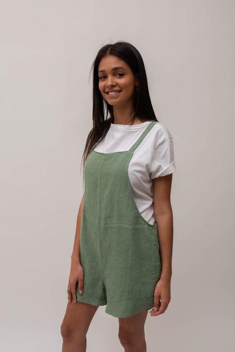 Green Linen Ruffle Overall