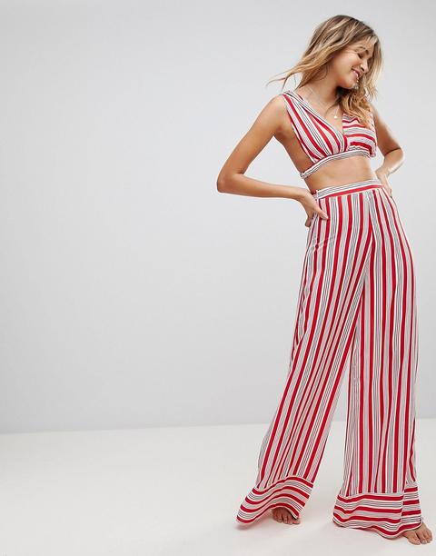 Prettylittlething - Pantaloni Da Spiaggia A Righe Con Fondo Ampio - Multicolore