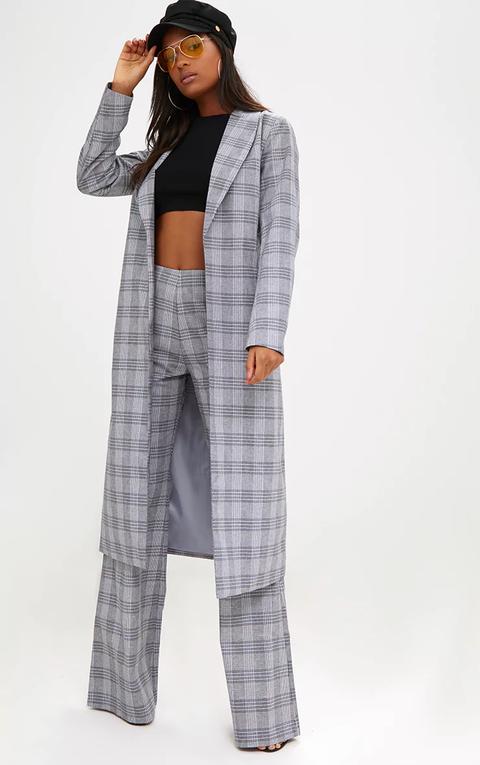 Grey Check Tailored Duster Coat, Grey