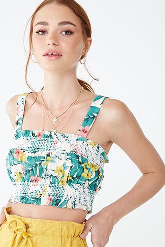 Forever 21 Floral Print Crop Top , Cream/green