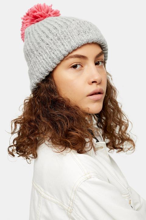 Womens Pink Big Pom Knit Beanie - Pink, Pink