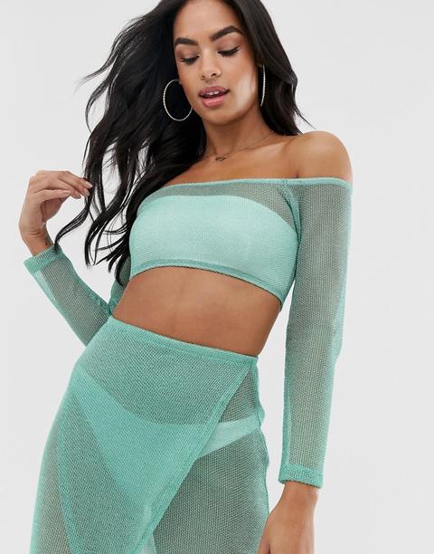 Asos Design - Top Corto Da Spiaggia In Rete A Maglie Di Jersey Verde Acqua Metallizzato Con Spalle Scoperte In Coordinato - Blu