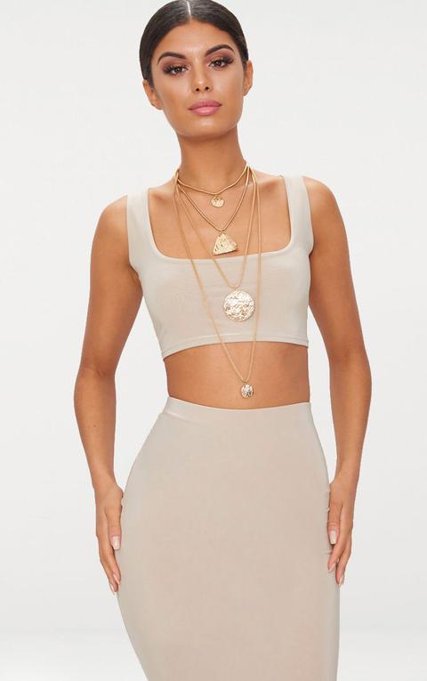 Stone Slinky Square Neck Sleeveless Crop Top, White