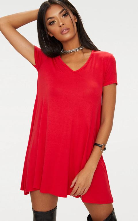 Red Cap Sleeve V Neckline Swing Dress, Red