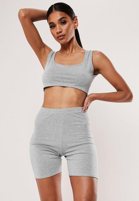 Gray Crop Top Cycling Shorts Co Ord Set