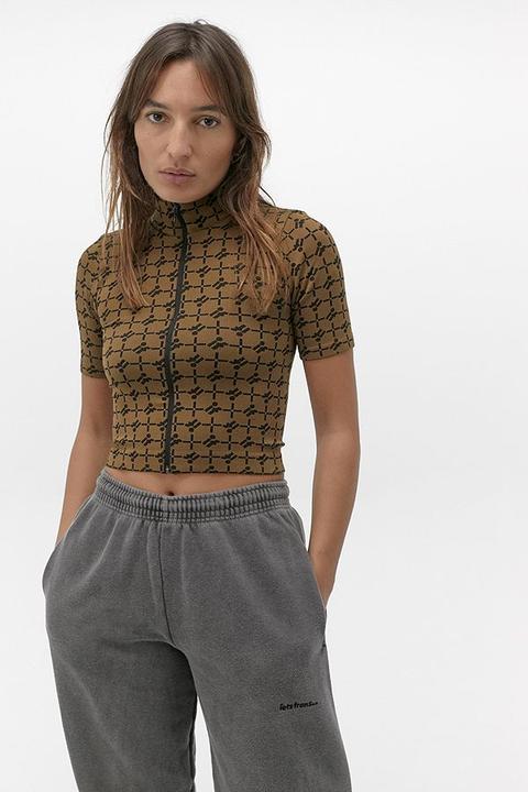 Iets Frans. Logo Print Seamless Zip-through Funnel Neck Top - Beige Xs At Urban Outfitters