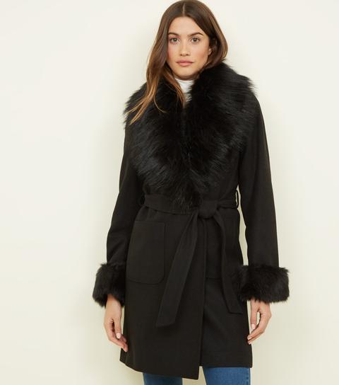 black detachable faux fur trim coat