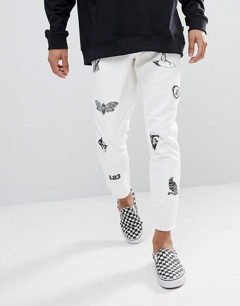 Asos - Jeans Slim Bianchi Con Stampe E Applicazioni - Bianco