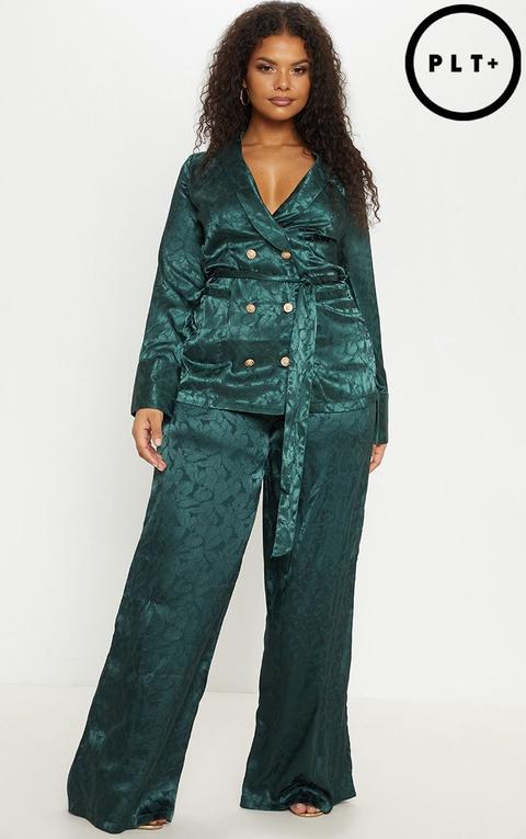 Plus Satin Emerald Green Jacquard Long Line Blazer