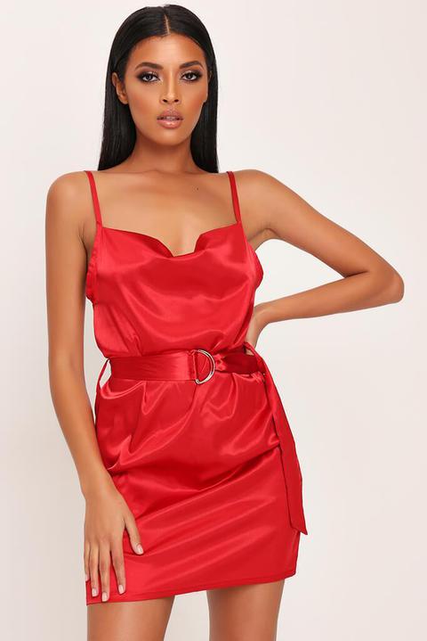 Red Satin Belted Mini Dress