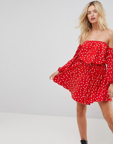 Vestido Skater De Manga Larga Con Escote Bardot Y Estampado De Lunares De Asos