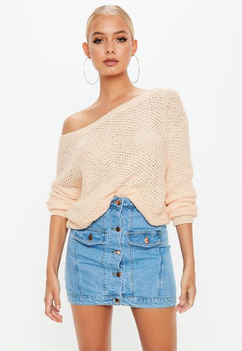 Peach Off Shoulder Cropped Knitted Jumper, Grey