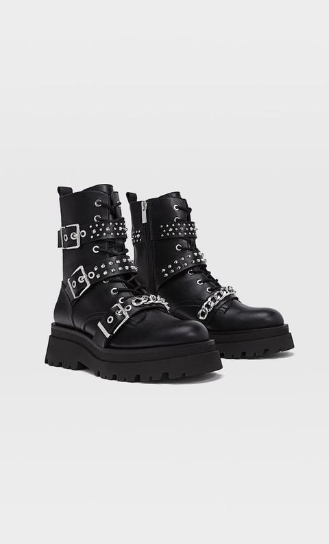 Stradivarius Bottines Cloutées À Lacets Et Semelle Crantée Femme Noir 40