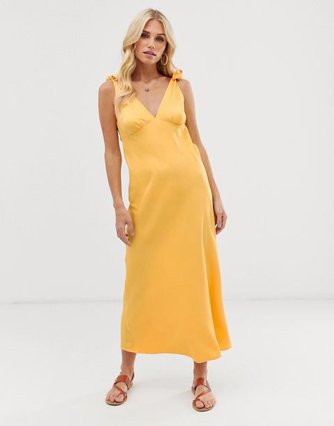 Vero Moda - Vestito Midi Giallo Con Allacciatura Sulle Spalle E Scollo A V - Giallo