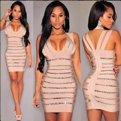 Calado Sin Mangas Cucharada Mini Vestido Del Cuello Atractivo Para Las Mujeres Rosa