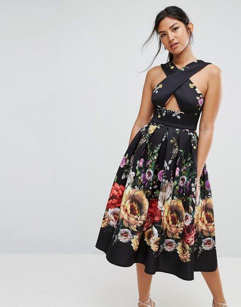 Asos - Prom Dress Midi A Fiori Con Incrocio Sul Davanti - Multicolore