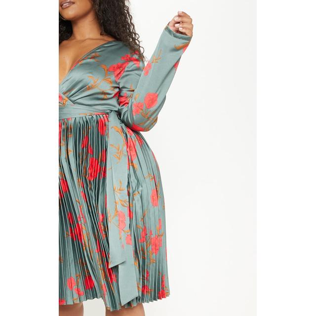 emerald green floral pleated midi dress