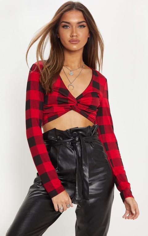 Red Check Printed Twist Front Long Sleeve Crop Top