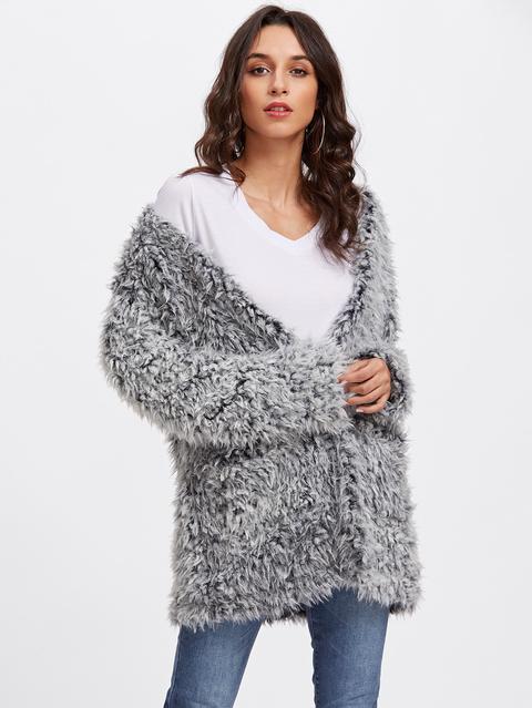 Open Front Fuzzy Faux Fur Coat