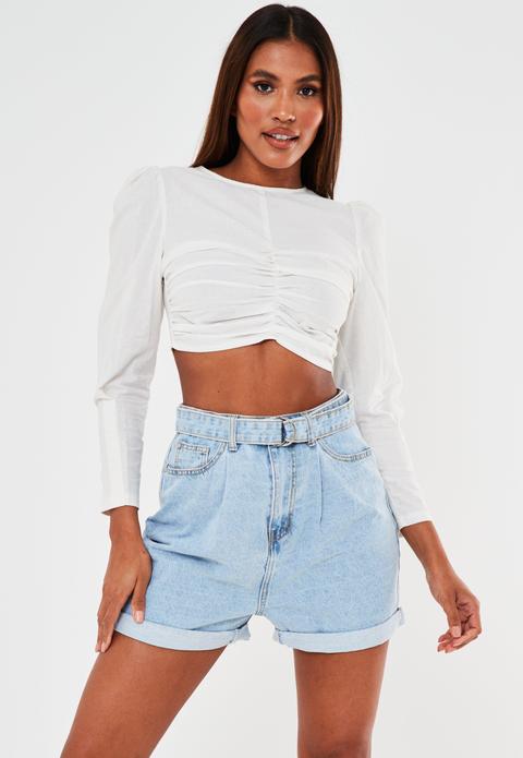 Blanc Crop Top En Coton Froncé Petite