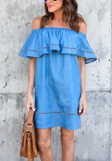 Mini Abito Arricciato Con Spalle Scoperte Blu