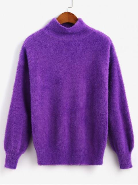 Cuello Alto Mangas Linterna Suéter Mullido Sólido Purple