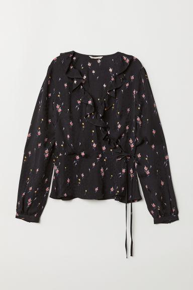H & M - Wrapover Blouse With Flounces - Black