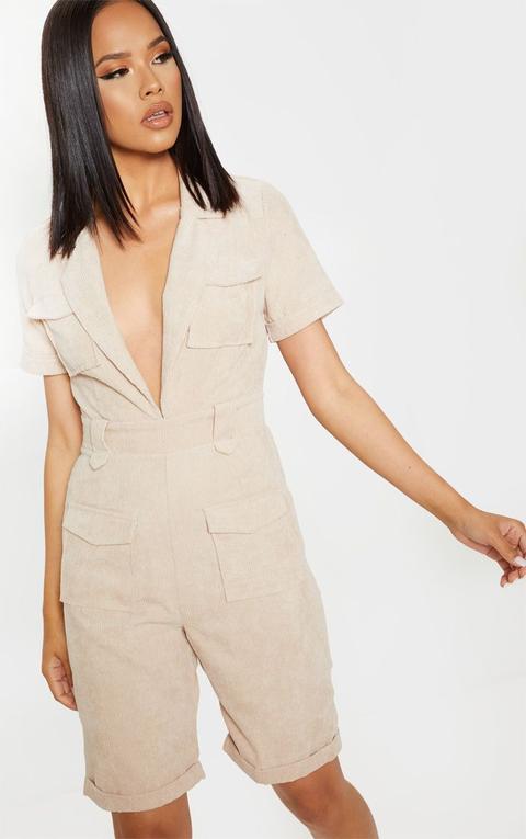 Stone Cord Pocket Detail Plunge Playsuit